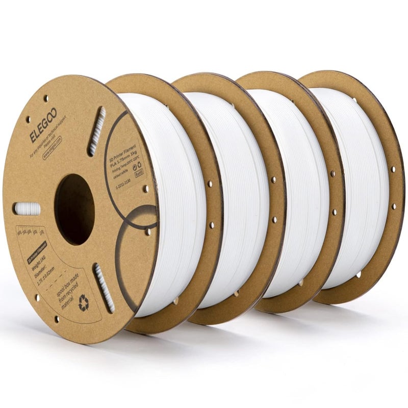 ELEGOO PLA Filament 1.75mm White 4KG, 3D Printer Filament Bulk Dimensional Accuracy +/- 0.02mm, 4 Pack 1kg Cardboard Spool(2.2lbs) 3D Printing Filament Fits for Most FDM 3D Printers - Image 1